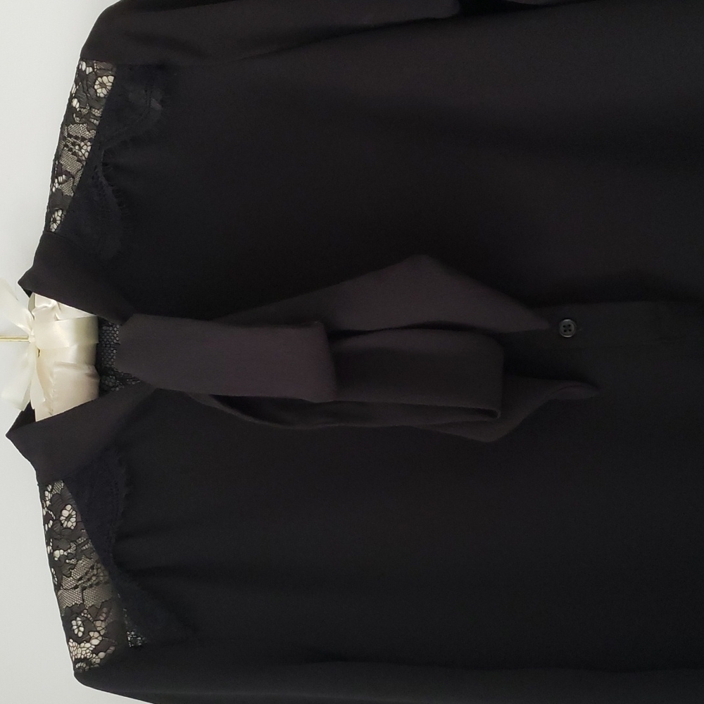 Black lace long sleeve large bow blouse size small